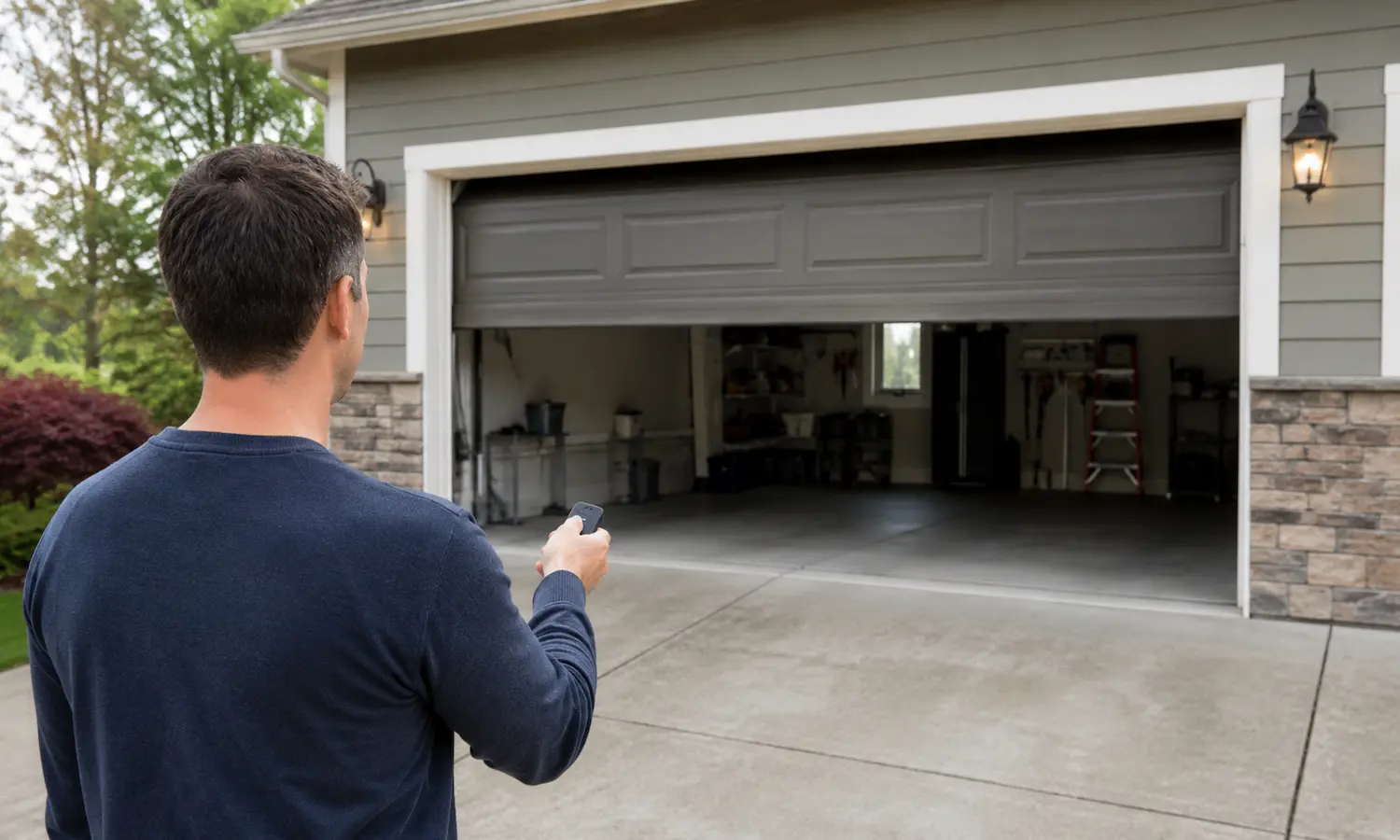 Homeowner opening an electric garage door with a remote control