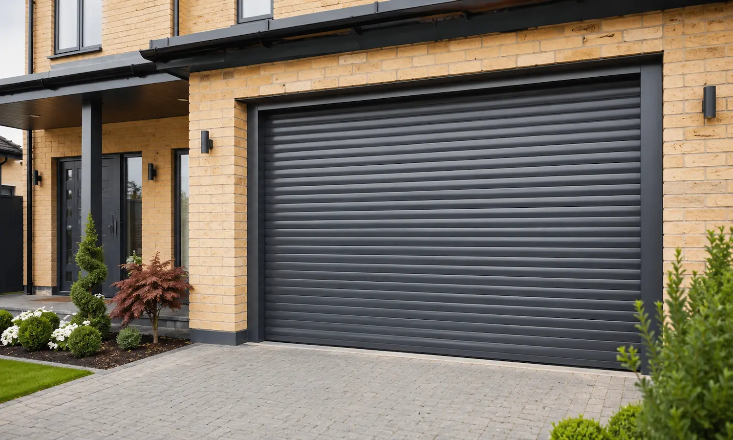Modern electric roller garage door installed on a UK home